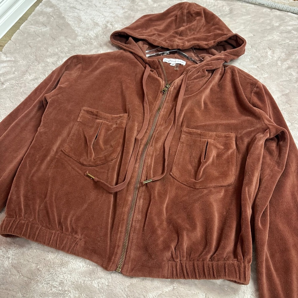 Young Fabulous & Broke Womens Brown Cropped Jacket Velour Full-Zip Hooded Medium - Picture 6 of 6